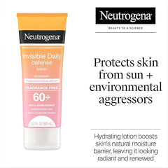 Neutrogena Invisible Daily Defense Fragrance-Free Sunscreen Lotion, Broad Spectrum SPF 60+, Oxybenzone-Free & Water-Resistant, Sun & Environmental Aggressor Protection, 3.0 fl. oz