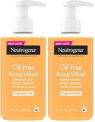 Neutrogena Oil-Free Acne Face Wash, Fragrance Free, Sensitive Skin Facial Cleanser with 2% Salicylic Acid Acne Treatment for Face, 9.1 Fl Oz,(Pack of 2)