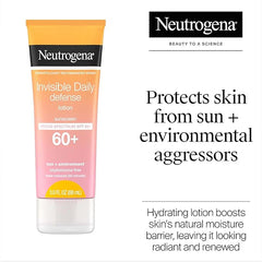 Neutrogena Invisible Daily Defense Sunscreen Lotion, Broad Spectrum SPF 60+, Oxybenzone-Free & Water-Resistant, Sun & Environmental Aggressor Protection, Antioxidant Complex, 3.0 fl. oz