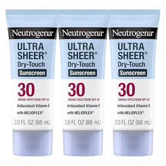 Neutrogena Ultra Sheer Dry-Touch Sunscreen for Face & Body, Helioplex SPF 30 Broad Spectrum UVA/UVB, Lightweight, Water Resistant & Non-Greasy, Hawaii Act 104 compliant, Travel Size 3 fl oz, Pack of 3