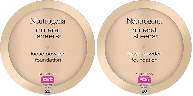 Neutrogena Mineral Sheers Loose Powder Makeup Foundation Lightweight Face Makeup Sheer to Medium Buildable Coverage-Sensitive Skin Foundation with Vitamin A, C, & E, Natural Ivory 20,19 oz (Pack of 2)