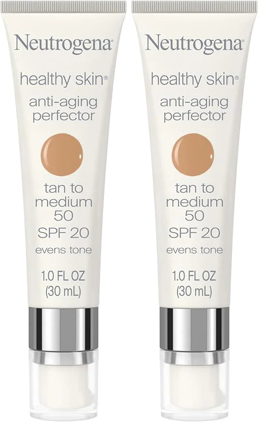 Neutrogena Healthy Skin Anti-Aging Perfector Tinted Facial Moisturizer and Retinol Treatment with Broad Spectrum SPF 20 Sunscreen with Titanium Dioxide, 50 Tan to Medium, 1 fl. oz (Pack of 2)
