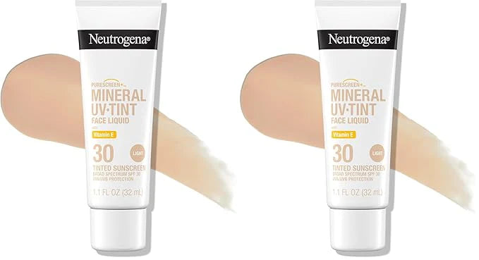 Neutrogena Purescreen+ Mineral UV Tint Face Liquid Tinted Sunscreen - with 100% Mineral Actives & Vitamin E,Enhances Natural Tone,Water Resistant,Broad Spectrum SPF 30,1.1 fl oz,(Pack of 2)