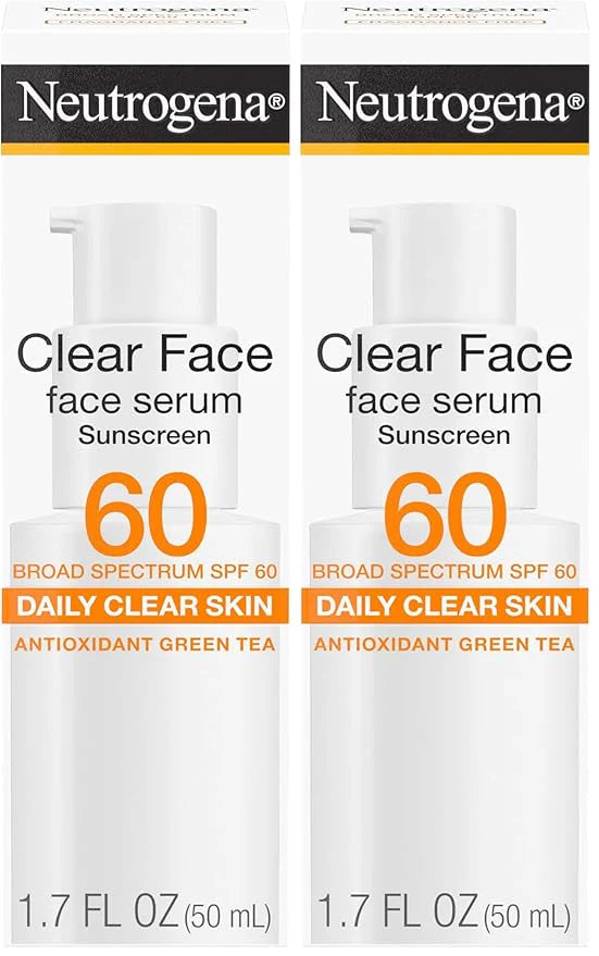 Neutrogena Clear Face Serum Sunscreen with Green Tea,Broad Spectrum SPF 60,Non-Comedogenic Face Sunscreen for Lightweight UVA/UVB Protection,Oxybenzone- & Fragrance-Free,1.7 fl. oz,(Pack of 2)