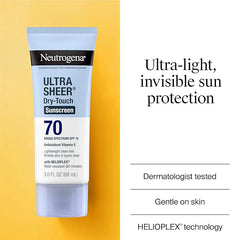 Neutrogena Ultra Sheer Dry-Touch Sunscreen For Face & Body, SPF 70 Broad Spectrum UVA/UVB Protection, Lightweight Water Resistant & Non-Greasy, Travel Size Sunscreen, 3 fl. oz (Pack of 3)