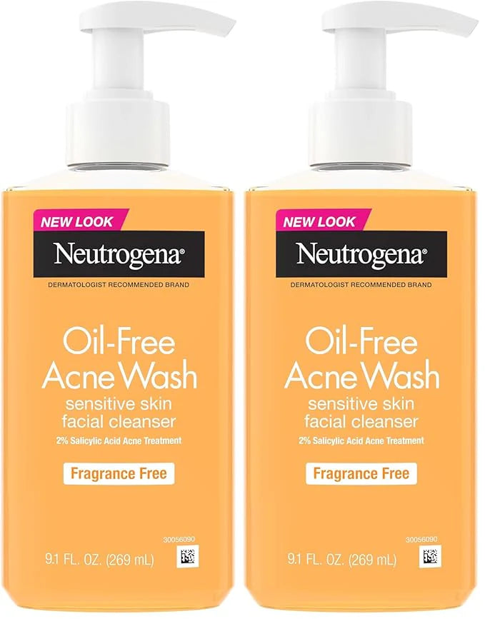 Neutrogena Oil-Free Acne Face Wash, Fragrance Free, Sensitive Skin Facial Cleanser with 2% Salicylic Acid Acne Treatment for Face, 9.1 Fl Oz,(Pack of 2)