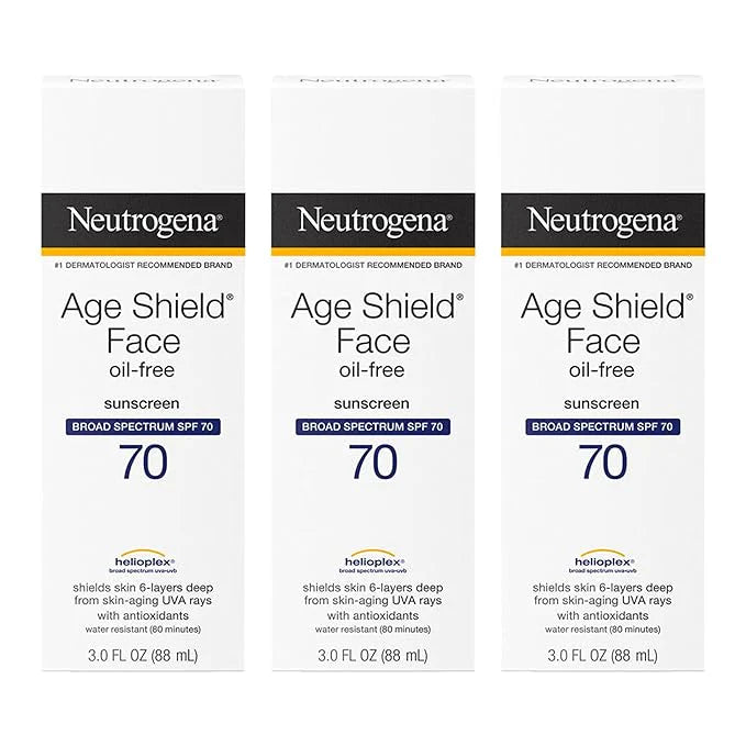 Neutrogena Age Shield Face Oil-Free Sunscreen Lotion with Broad Spectrum SPF 70, Non-Comedogenic Moisturizing Sunscreen to Help Prevent Signs of Aging, PABA-Free, 3 fl. oz (Pack of 3)