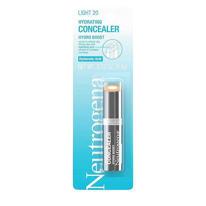 Neutrogena Hydro Boost Hydrating Concealer Stick for Dry Skin, Oil-Free, Lightweight, Non-Greasy and Non-Comedogenic Cover-Up Makeup with Hyaluronic Acid, 20 Light, 0.12 Oz