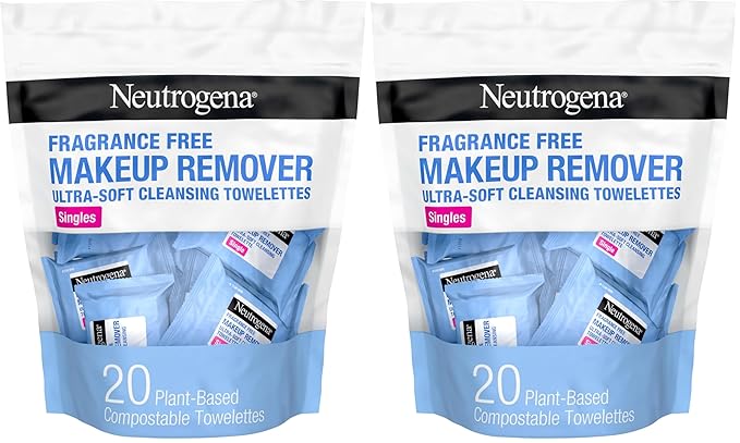 Neutrogena Fragrance-Free Makeup Remover Wipes Singles, Individually Wrapped Face Towelettes, Gently Remove Dirt, Oil, Waterproof Mascara & Makeup, Alcohol-Free Daily Face Wipes, 20 ct (Pack of 12)