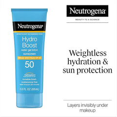 Neutrogena Hydro Boost Water Gel Sunscreen SPF 50, Oil‑Free Hydrating & Water‑Resistant Face & Body Sunscreen Lotion, Non‑Greasy, Broad Spectrum, Lightweight Moisturizer, 3 fl oz, Pack of 3