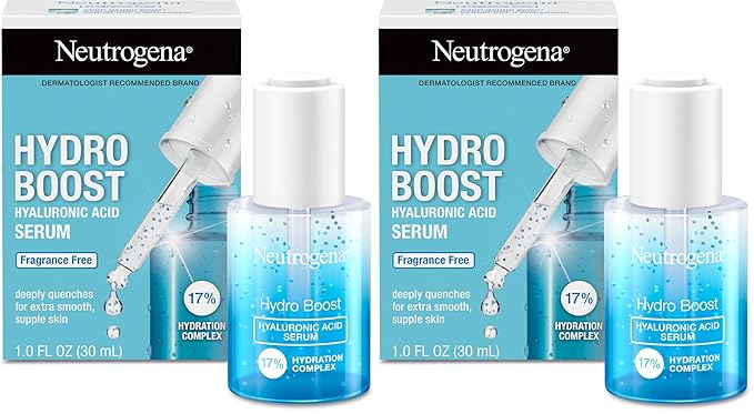 Neutrogena Hydro Boost Hyaluronic Acid Serum for Face & Neck,Lightweight Daily Hydrating Serum with Hyaluronic Acid for Dry Skin,Oil-Free,Non-Comedogenic,Fragrance-Free,1 fl. oz,(Pack of 2)