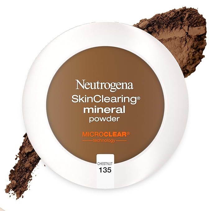 Neutrogena SkinClearing Pressed Mineral Powder Compact for Acne Prone Skin, Oil Absorbing Acne Makeup with Salicylic Acid helps to Cover, Treat & Prevent Breakouts, Chestnut 135,. 38 oz