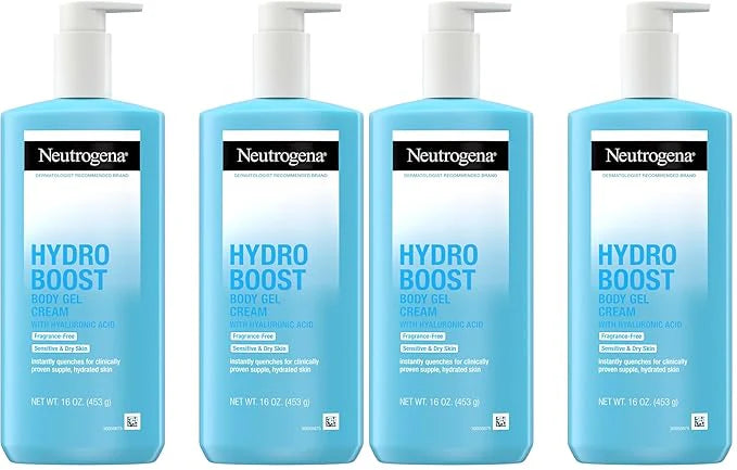 Neutrogena Hydro Boost Body Gel Cream,Hydrating Body Lotion with Hyaluronic Acid for Sensitive Skin,Fragrance-Free Hyaluronic Acid Moisturizer,16 oz,(Pack of 4)
