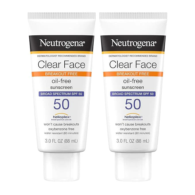 Neutrogena Clear Face Sunscreen Lotion for Acne-Prone Skin, Broad Spectrum SPF 50 Facial Sunscreen for Oily Skin, Oil-, Fragrance- & Oxybenzone-Free Water Resistant Sunscreen, Twin Pack, 2 x 3 fl. oz