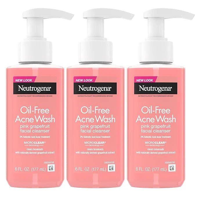 Neutrogena Oil-Free Pink Grapefruit Pore Cleansing Acne Wash and Daily Liquid Facial Cleanser with 2% Salicylic Acid Acne Medicine and Vitamin C, 6 fl. oz, 3 Pack