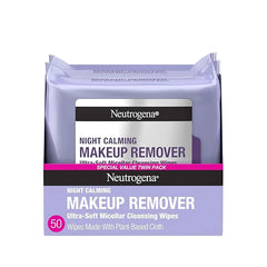 Neutrogena Night Calming Makeup Remover Face Wipes, Nighttime Cleansing Towelettes Remove Sweat, Dirt & Makeup & Calms Skin, Hypoallergenic, 100% Plant Based Cloth, Twin Pack, 2 x 25 ct