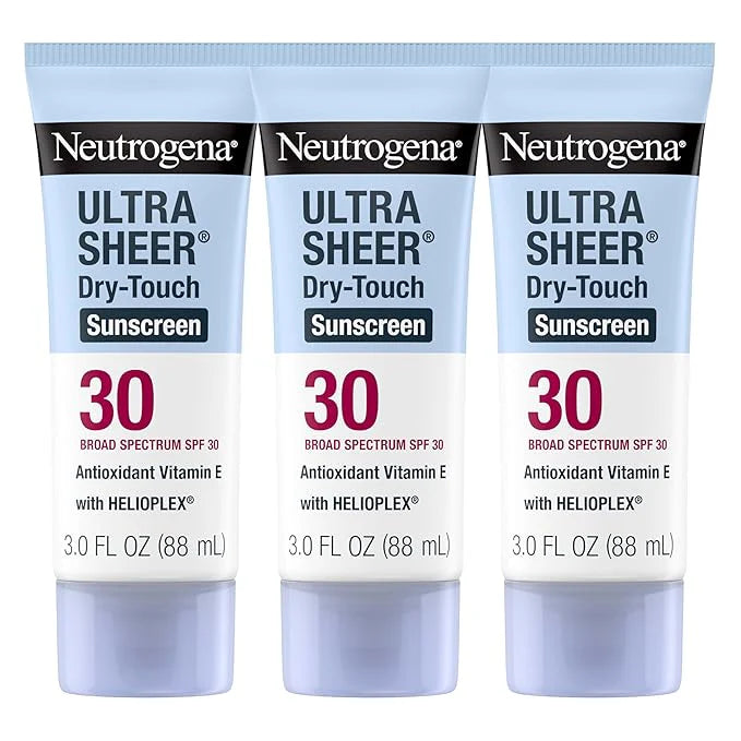 Neutrogena Ultra Sheer Dry-Touch Sunscreen for Face & Body, Helioplex SPF 30 Broad Spectrum UVA/UVB, Lightweight, Water Resistant & Non-Greasy, Hawaii Act 104 compliant, Travel Size 3 fl oz, Pack of 3