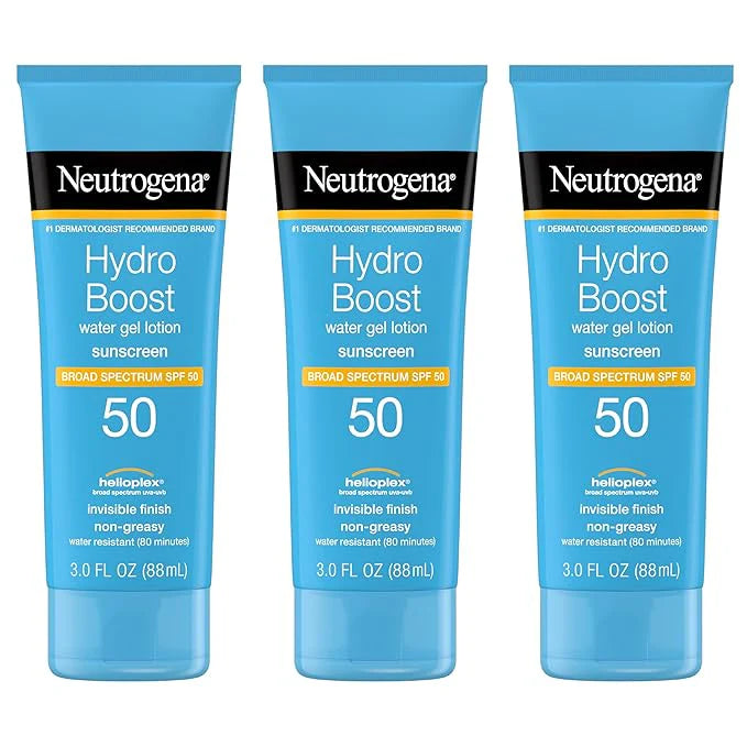 Neutrogena Hydro Boost Water Gel Moisturizing Sunscreen Lotion, Broad Spectrum Sunblock SPF 50, Water Resistant Travel Size Sunscreen For Sensitive Skin, 3 FL OZ (3-Pack)