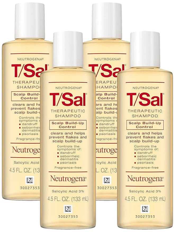 Neutrogena T/Sal Therapeutic Dandruff Shampoo,Scalp Build-Up Control,3% Salicylic Acid,Psoriasis Treatment,Seborrheic Dermatitis Shampoo,Clears Flakes,Fragrance Free,4.5 fl oz,(Pack of 4)